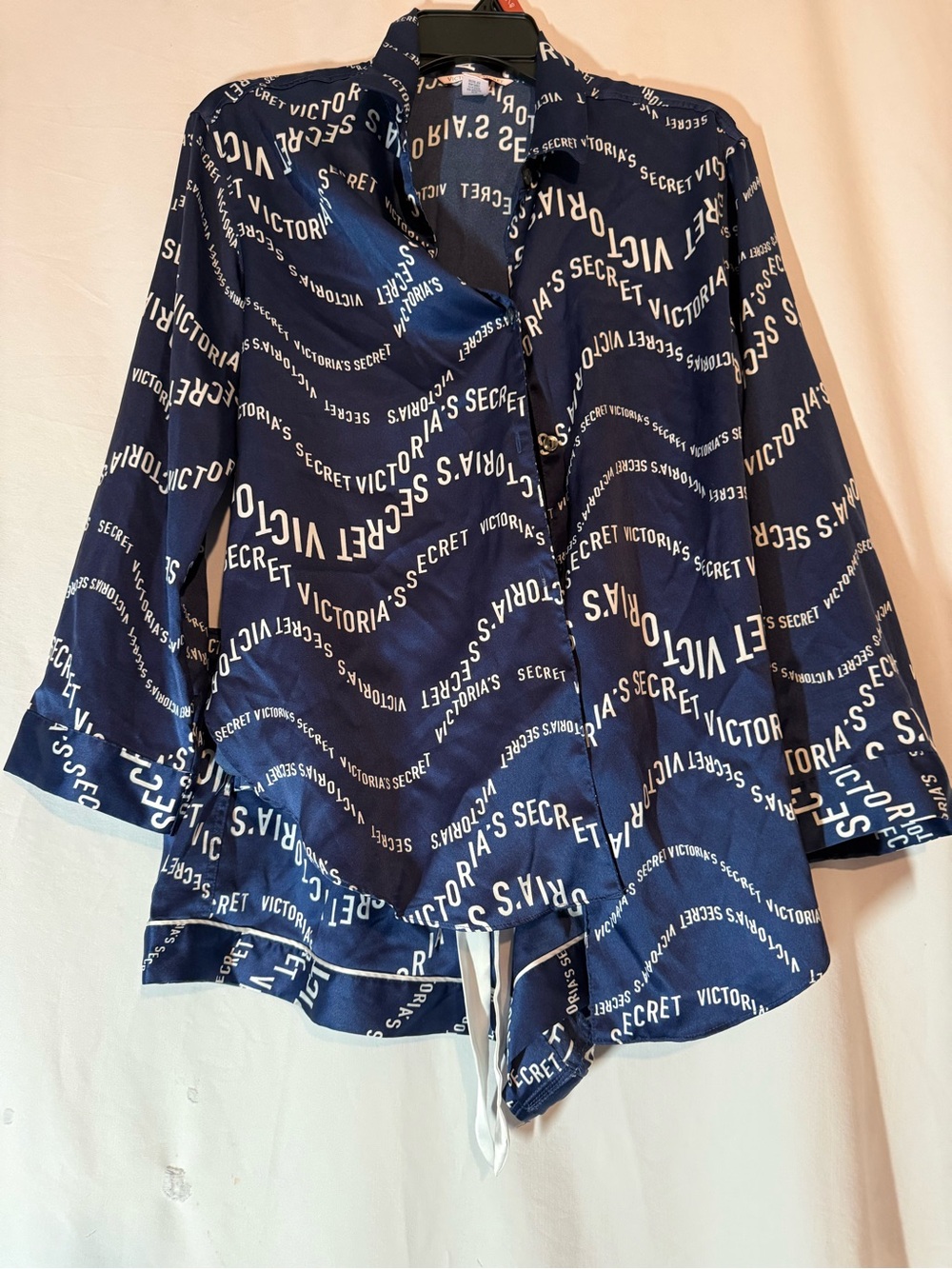 Victoria’s Secret Satin Pajama Set Medium Navy Logo Print Button Up Shorts